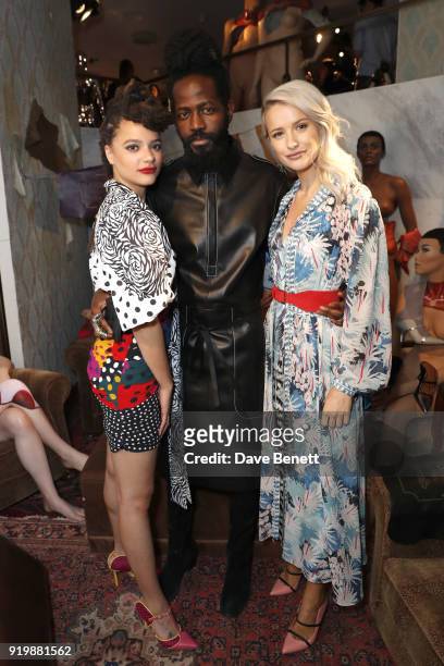 Sasha Lane, Roy Luwolt and Victoria Magrath attend the Malone Souliers AW18 Presentation during London Fashion Week February 2018 at 12 Hay Hill on...