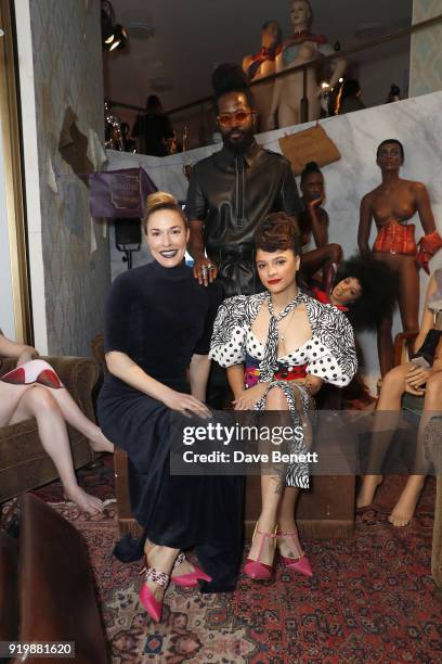 Mary Alice Malone, Roy Luwolt and Sasha Lane attends the Malone Souliers AW18 Presentation during London Fashion Week February 2018 at 12 Hay Hill on...