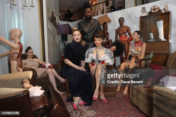 Mary Alice Malone, Roy Luwolt and Sasha Lane attends the Malone Souliers AW18 Presentation during London Fashion Week February 2018 at 12 Hay Hill on...
