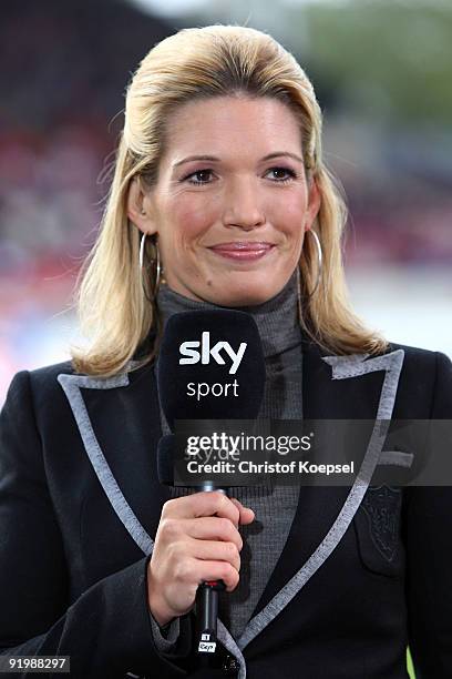Sky television channel Sport reporter Jessica Kastrop is seen during the Bundesliga match between VfB Stuttgart and FC Schalke 04 at the...