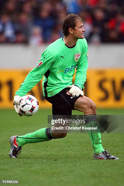 Jens Lehmann of Stuttgart throws the ball during the Bundesliga match between VfB Stuttgart and FC Schalke 04 at the Mercedes-Benz Arena on October...