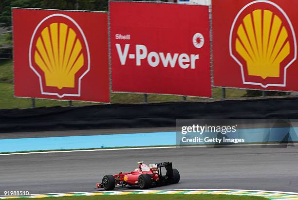 Kimi Raikkonen of Finland and Ferrari drives during the Brazilian Formula One Grand Prix at the Interlagos Circuit on October 18, 2009 in Sao Paulo,...