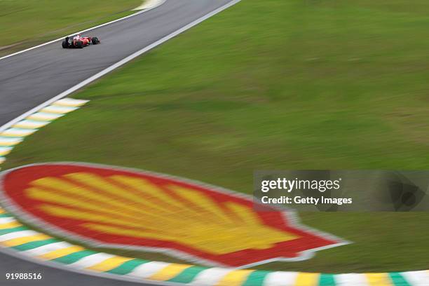 Giancarlo Fisichella of Italy and Ferrari drives during the Brazilian Formula One Grand Prix at the Interlagos Circuit on October 18, 2009 in Sao...