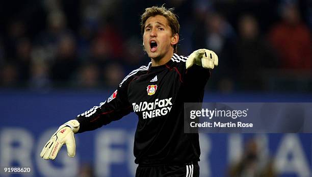 Rene Adler, goalkeeper of Leverkusen gives instructions during the Bundesliga match between Hamburger SV and Bayer Leverkusen at the HSH Nordbank...