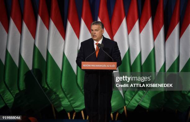 Hungarian Prime Minister and Chairman of FIDESZ party Viktor Orban delivers his state of the nation address in front of his party members and...