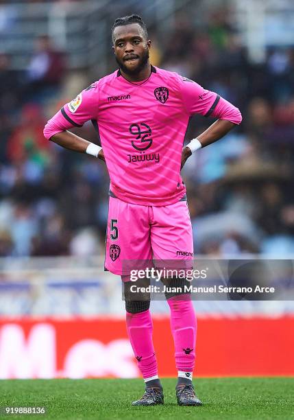 Cheik Doukoure of Levante UD looks on during the La Liga match between Real Sociedad and Levante at Estadio de Anoeta on February 18, 2018 in San...