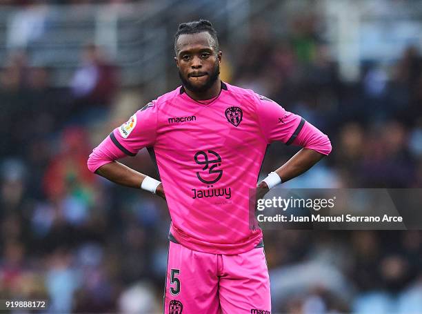 Cheik Doukoure of Levante UD looks on during the La Liga match between Real Sociedad and Levante at Estadio de Anoeta on February 18, 2018 in San...