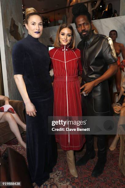 Mary Alice Malone, Olivia Palermo and Roy Luwolt attend the Malone Souliers AW18 Presentation during London Fashion Week February 2018 at 12 Hay Hill...