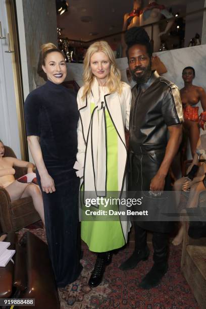 Mary Alice Malone, Candice Lake and Roy Luwolt attend the Malone Souliers AW18 Presentation during London Fashion Week February 2018 at 12 Hay Hill...