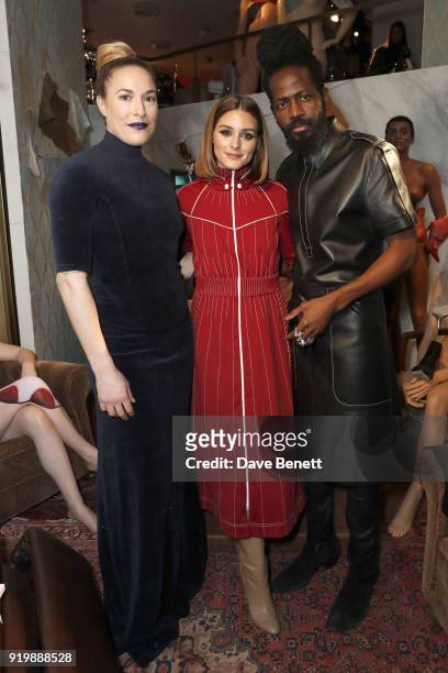 Mary Alice Malone, Olivia Palermo and Roy Luwolt attend the Malone Souliers AW18 Presentation during London Fashion Week February 2018 at 12 Hay Hill...