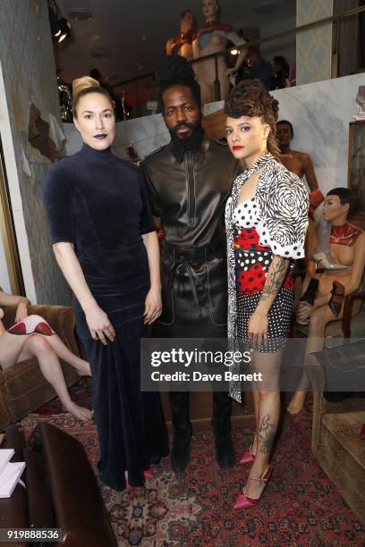 Mary Alice Malone, Roy Luwolt and Sasha Lane attends the Malone Souliers AW18 Presentation during London Fashion Week February 2018 at 12 Hay Hill on...