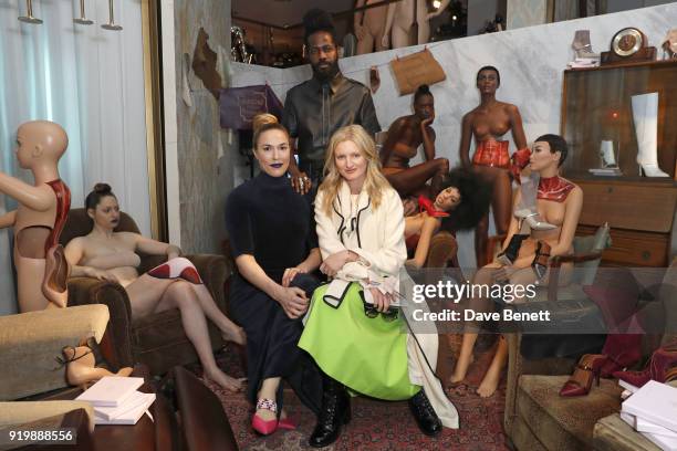 Mary Alice Malone, Candice Lake and Roy Luwolt attend the Malone Souliers AW18 Presentation during London Fashion Week February 2018 at 12 Hay Hill...