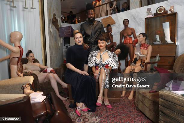 Mary Alice Malone, Roy Luwolt and Sasha Lane attends the Malone Souliers AW18 Presentation during London Fashion Week February 2018 at 12 Hay Hill on...