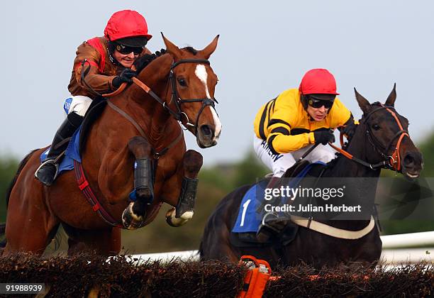 Liam Treadwell and Nur Tau lead the Richard Johnson ridden Baily Storm over the last flight to go on and land The Gerald And Brenda Golden Wedding...