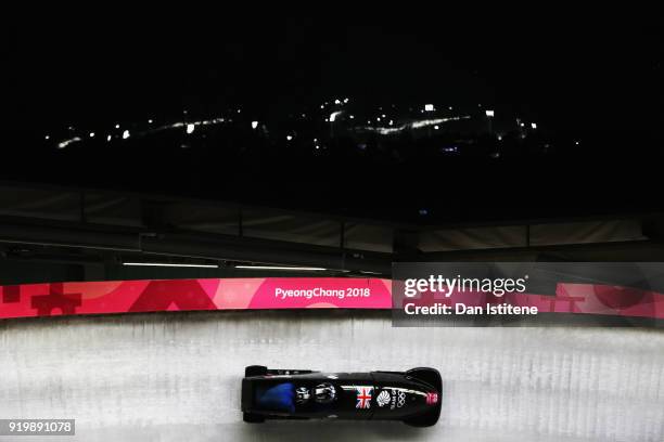 Brad Hall and Joel Fearon of Great Britain slides during two-man Bobsleigh heats on day nine of the PyeongChang 2018 Winter Olympic Games at Olympic...