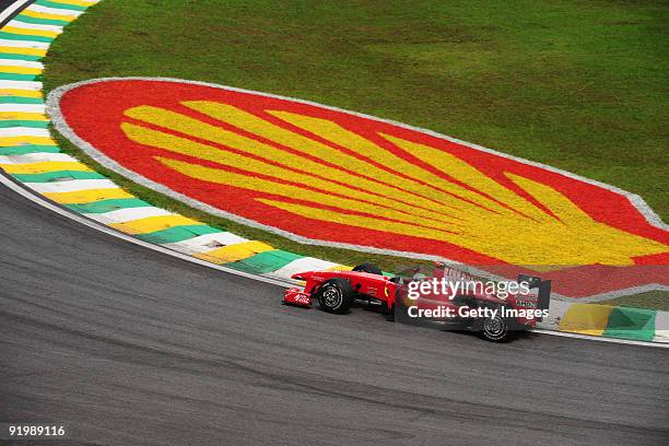 Giancarlo Fisichella of Italy and Ferrari drives during the Brazilian Formula One Grand Prix at the Interlagos Circuit on October 18, 2009 in Sao...