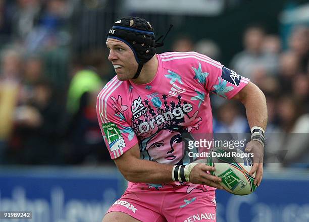 James Haskell of Stade Francais passes the ball during the Heineken Cup match between Bath and Stade Francais at the Recreation Ground on October 18,...
