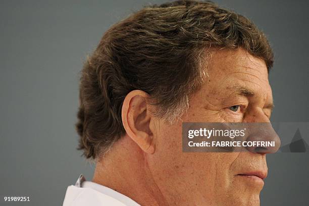 German coach of the Greek national football team Otto Rehhagel gestures on September 4, 2009 in Basel, during a press conference on the eve of a...