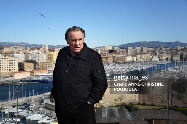 French actor Gerard Depardieu poses during a photocall for the second season of the French TV show "Marseille" broadcasted and co-produced by US...