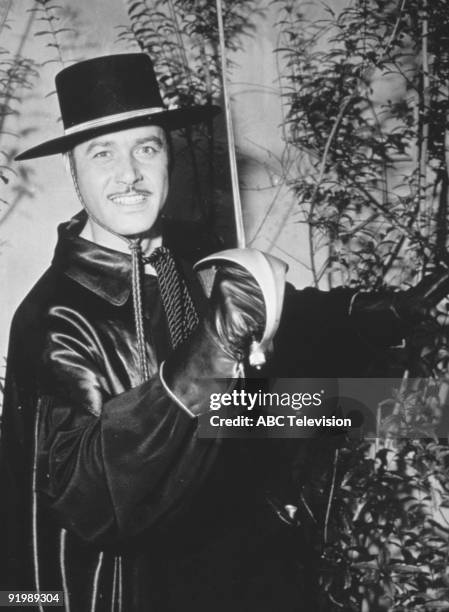 American actor Guy Williams in his role as Don Diego de la Vega, aka Zorro, in the swashbuckling TV series 'Zorro', 1957.
