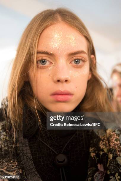 Model backstage ahead of the Preen by Thornton Bregazzi show during London Fashion Week February 2018 at on February 18, 2018 in London, England.