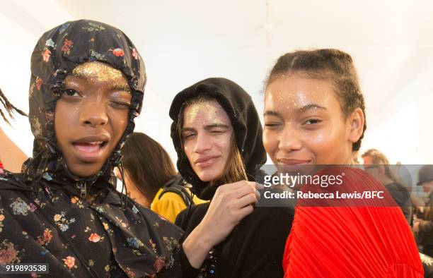 Models backstage ahead of the Preen by Thornton Bregazzi show during London Fashion Week February 2018 at on February 18, 2018 in London, England.