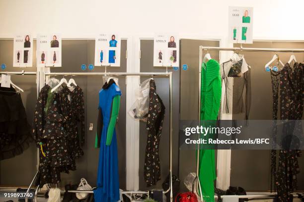 General view backstage ahead of the Preen by Thornton Bregazzi show during London Fashion Week February 2018 at on February 18, 2018 in London,...