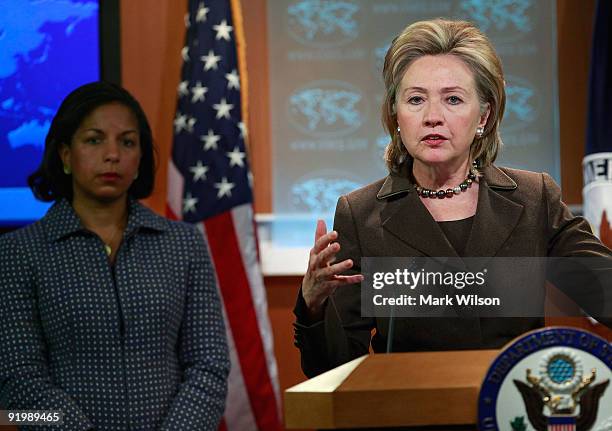 Secretary of State Hillary Clinton and U.S. Ambassador to the United Nations Susan Rice participate in a briefing at the State Department on October...