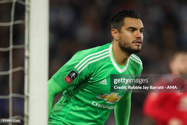 Sergio Romero of Manchester United during the Emirates FA Cup Fifth Round match at The John Smiths Stadium on February 17, 2018 in Huddersfield,...