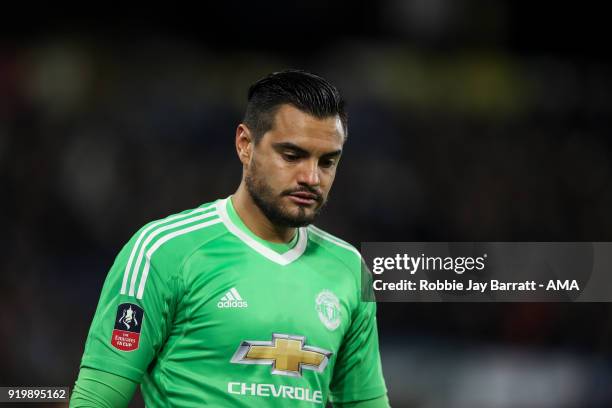 Sergio Romero of Manchester United during the Emirates FA Cup Fifth Round match at The John Smiths Stadium on February 17, 2018 in Huddersfield,...