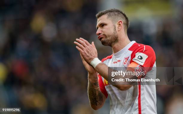 Marco Gruettner of Regensburg reacts after the Second Bundesliga match between SG Dynamo Dresden and SSV Jahn Regensburg at DDV-Stadion on February...