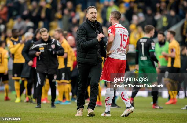 Coach Achim Beierlorzer and Marco Gruettner of Regensburg react after the Second Bundesliga match between SG Dynamo Dresden and SSV Jahn Regensburg...