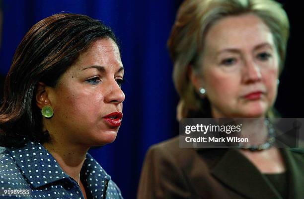 Ambassador to the United Nations Susan Rice and U.S. Secretary of State Hillary Clinton participate in a briefing at the State Department on October...