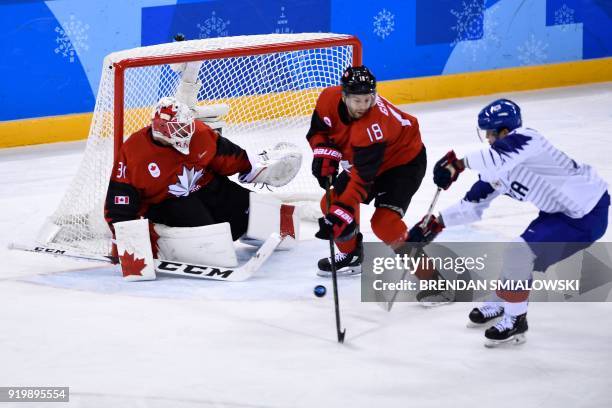 Canada's Marc-Andre Gragnani defends the goal against a South Korean player in the men's preliminary round ice hockey match between Canada and South...