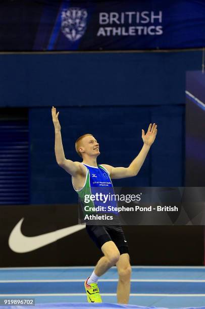 Adam Hague of Great Britain celebrates winning the mens pole vault final during day two of the SPAR British Athletics Indoor Championships at Arena...