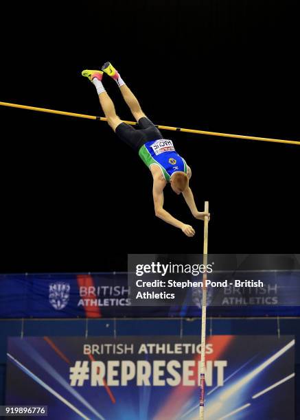 Adam Hague of Great Britain competes in the mens pole vault final during day two of the SPAR British Athletics Indoor Championships at Arena...