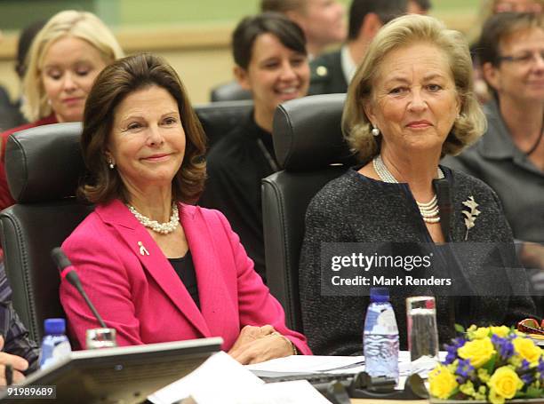 Queen Silvia of Sweden and Queen Paola of Belgium attend the European Conference against Human Traffic at Palais d'Egmont on October 19, 2009 in...