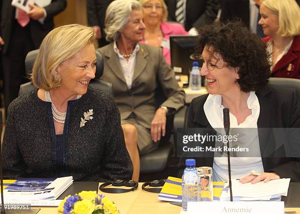 Queen Paola of Belgium and Belgian Interior Minister, Annemie Turtelboom attend the European Conference against Human Traffic at Palais d'Egmont on...