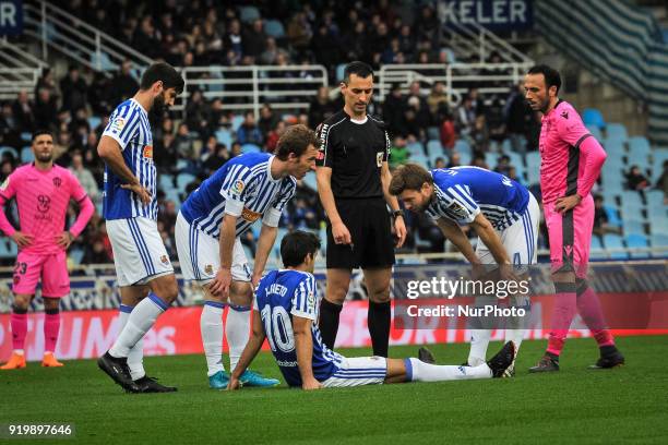 Xabi Prieto of Real Sociedad injuried during the Spanish league football match between Real Sociedad and Levante at the Anoeta Stadium on 18 February...