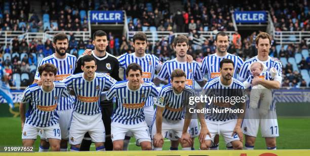 Real Sociedad´s teammate pose for the media before the Spanish league football match between Real Sociedad and Levante at the Anoeta Stadium on 18...