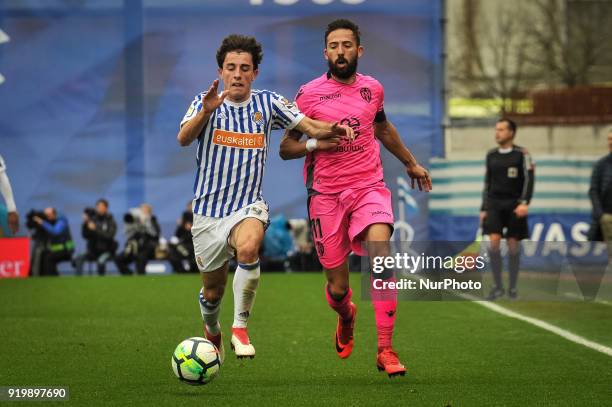 Morales of Levante duels for the ball with Alvaro Odriozola of Real Sociedad during the Spanish league football match between Real Sociedad and...