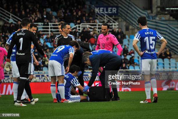 Xabi Prieto of Real Sociedad injuried during the Spanish league football match between Real Sociedad and Levante at the Anoeta Stadium on 18 February...