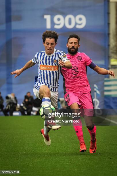 Morales of Levante duels for the ball with Alvaro Odriozola of Real Sociedad during the Spanish league football match between Real Sociedad and...