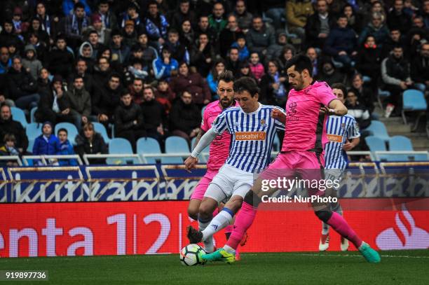 Oyarzabal of Real Sociedad duels for the ball during the Spanish league football match between Real Sociedad and Levante at the Anoeta Stadium on 18...