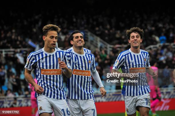 Sergio Canales of Real Sociedad celebrates with teammates after scoring during the Spanish league football match between Real Sociedad and Levante at...