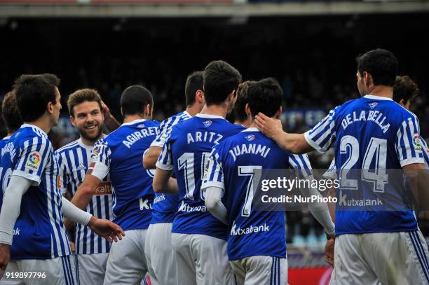 Sergio Canales of Real Sociedad celebrates with teammates after scoring during the Spanish league football match between Real Sociedad and Levante at...