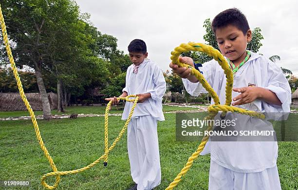 Mexican Totonaca native boys practice with the rope before performing the ritual dance of Los Voladores at a school for "Voladores" in Papantla, in...