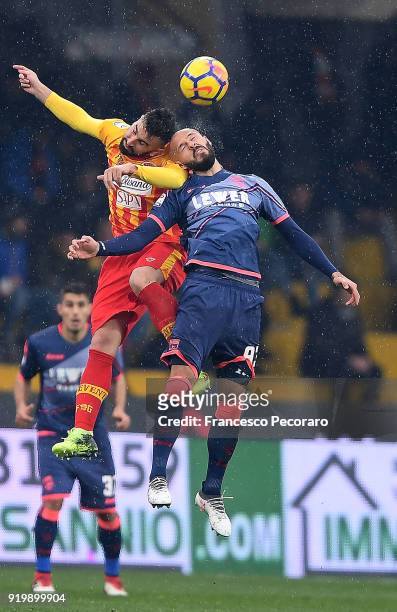 Player of Benevento Calcio Massimo Coda vies with FC Crotone player Arlind Ajeti during the serie A match between Benevento Calcio and FC Crotone at...