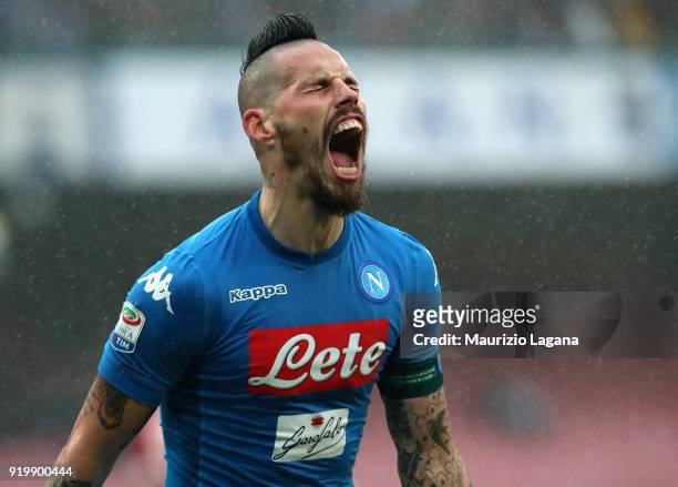 Marek Hamsik of Napoli celebrates his team's second goal goal during the serie A match between SSC Napoli and Spal at Stadio San Paolo on February...