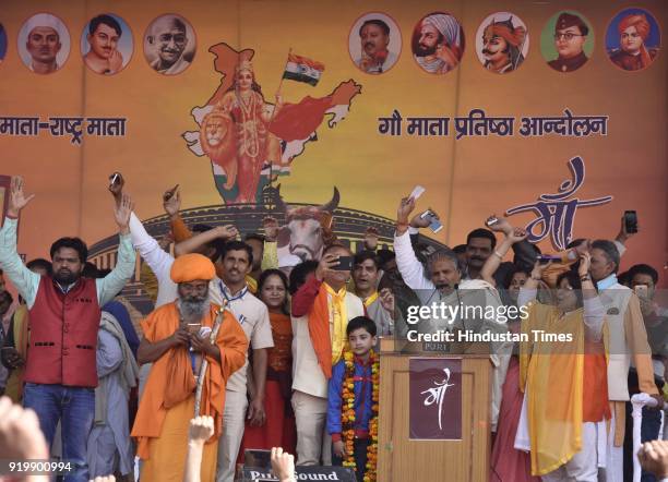 Gau Ganga Kripakanshi Gopal Mani Maharaj addresses during the Gau Mata Pratishtha Aandolan, a Maha Rally to declare cow as the Mother of National at...